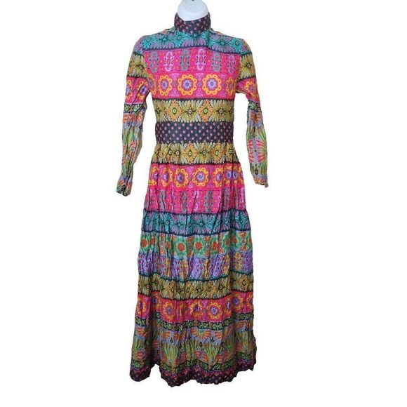 Vintage 60s Maxi Dress Womens Size S Neon Floral Paisley Groovy Hippie Boho - Picture 3 of 13